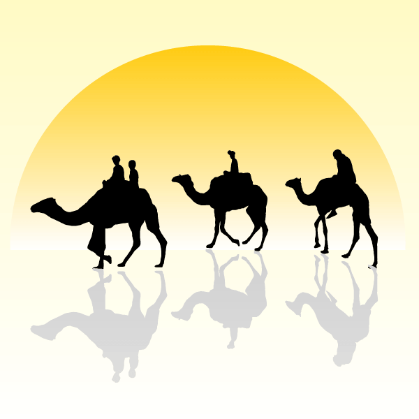 Vector Camel Caravan Silhouette in the Sunset Wallpaper