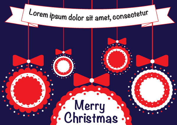 Free Vector Merry Christmas Balls with Ribbon Greeting Card Design