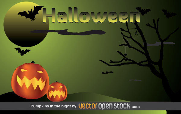 Halloween Postcard with Pumpkins, Bats, Moon and Dead Tree
