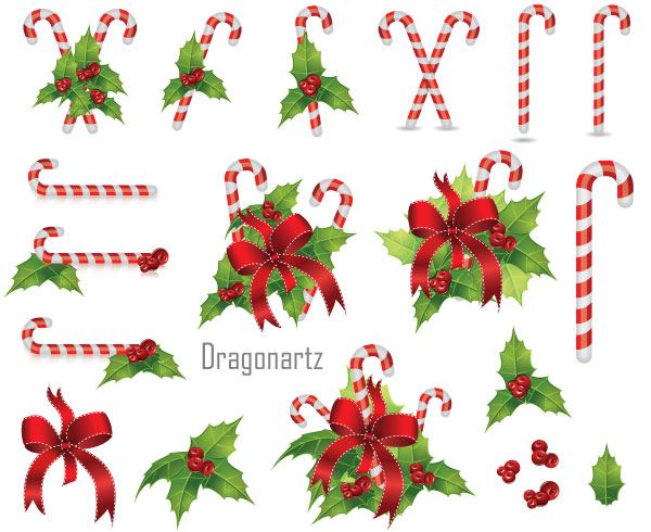 Christmas Candy Cane with Holly Berry and Red Bow Vector