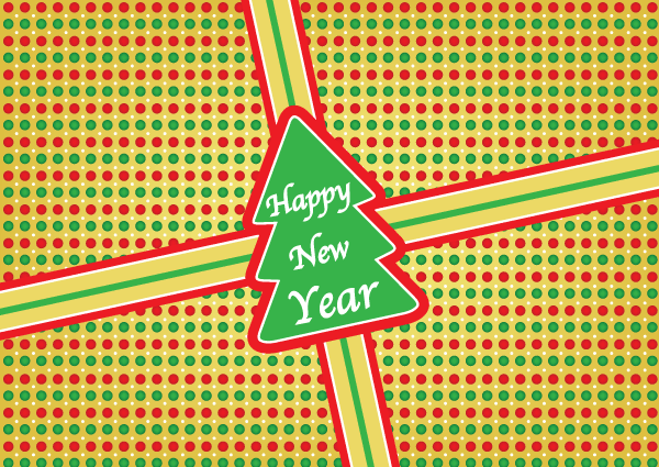 Christmas Tree Present Sticker with Happy New Year Lettering Vector