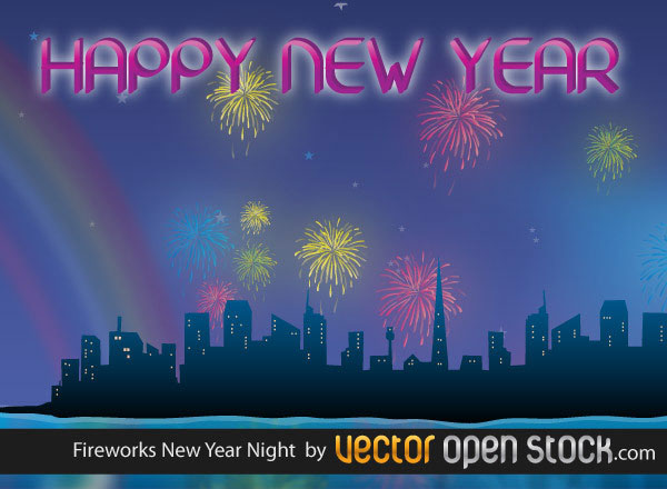 Vector Night City and New year Celebration with Fireworks