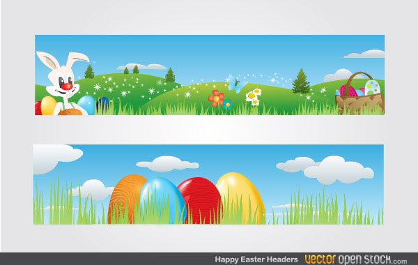 Easter Banners with Easter Bunny, Eggs Basket and Flowers