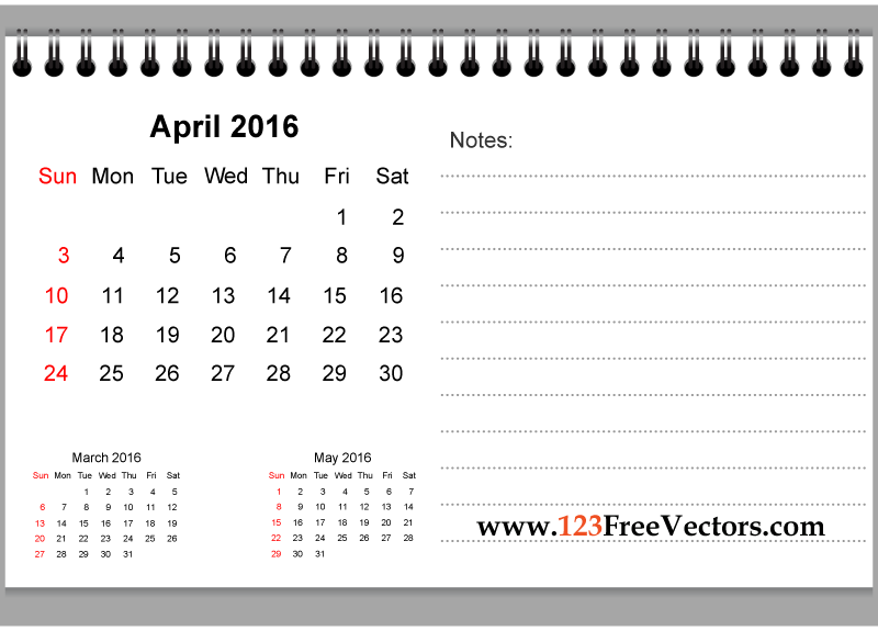 April 2016 Printable Calendar with Notes