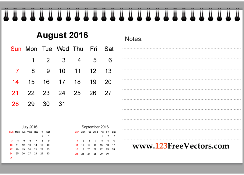 August 2016 Printable Calendar with Notes