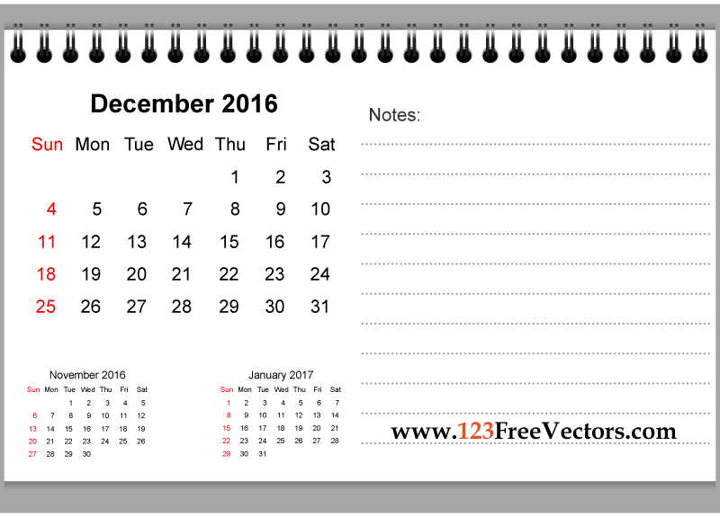 December 2016 Printable Calendar with Notes
