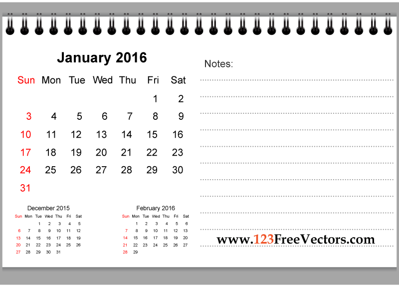 January 2016 Printable Calendar with Notes