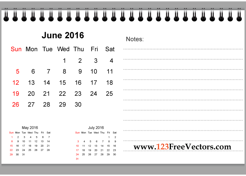June 2016 Printable Calendar with Notes
