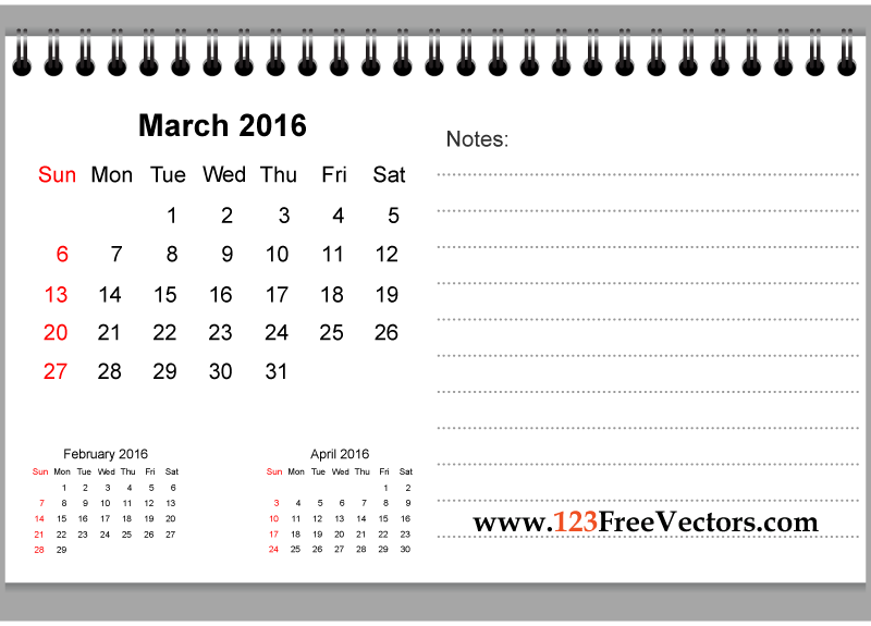 March 2016 Printable Calendar with Notes
