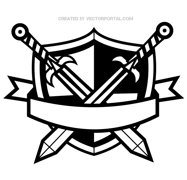Heraldic Shield with Cross Swords and Banner Vector