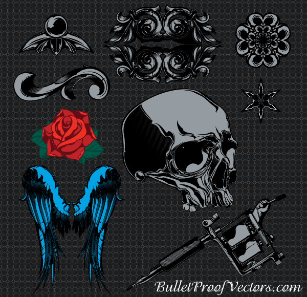 Vectors Sample Pack: Skull, Wings, Rose Flowers, Vintage Ornaments