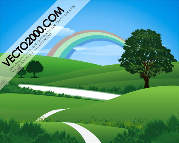 Fresh Green Landscape with Rainbow Vector Image