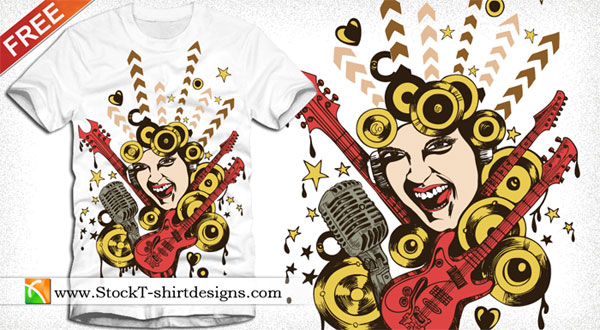 Free Vector Tshirt Design With Singing Girl, Guitar And Microphone